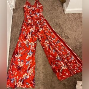 Floral red v neck jumpsuit